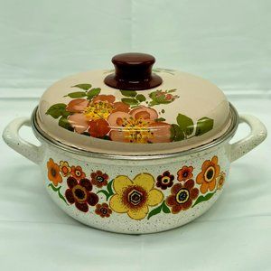 Vintage Crowning Touch Harvest Blossum Porcelain Enamel Pot with Cover